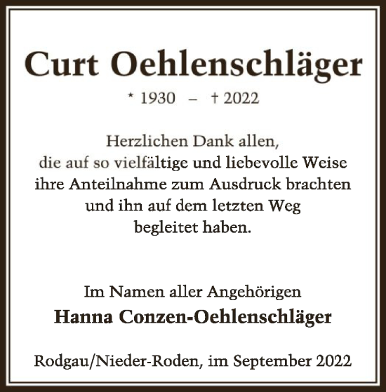 Todesanzeige von Curt  Oehlenschläger von OF