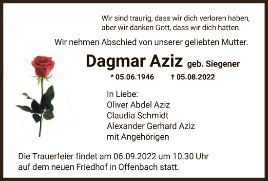 Todesanzeige von Dagmar Aziz von OF