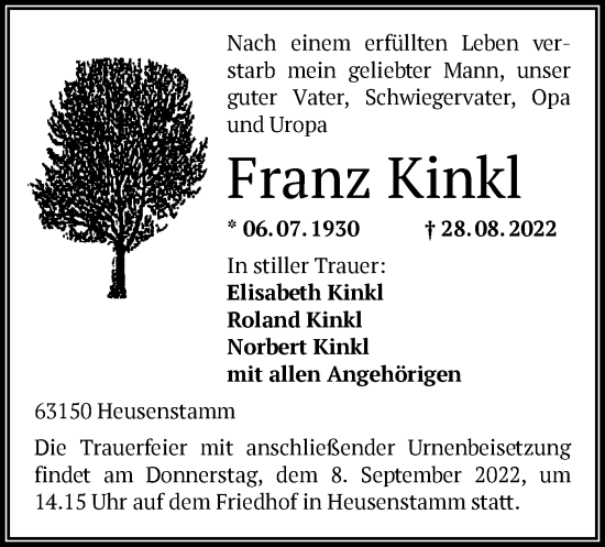 Todesanzeige von Franz Kinkl von OF