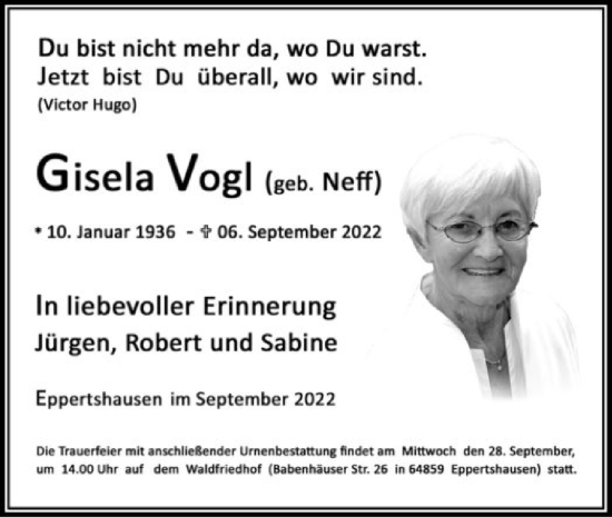Todesanzeige von Gisela Vogl von OF