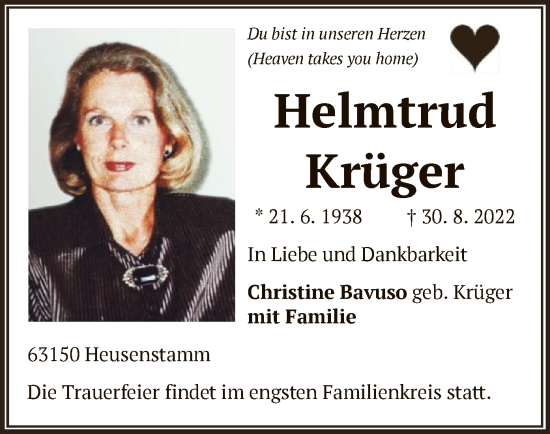 Todesanzeige von Helmtrud Krüger von OF