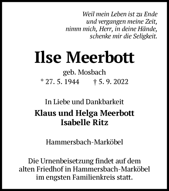 Todesanzeige von Ilse Meerbott von OF