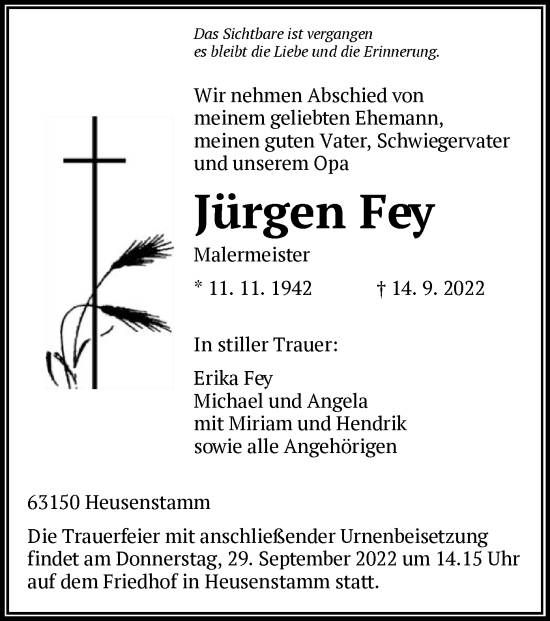 Todesanzeige von Jürgen Fey von OF