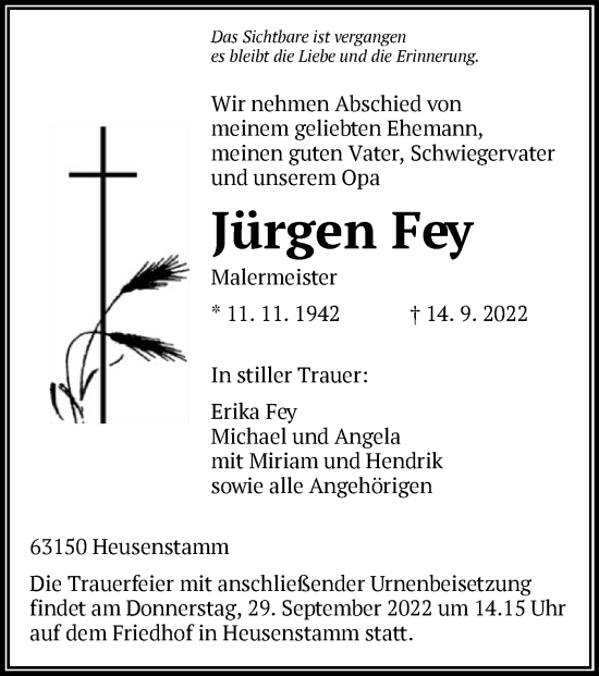 Todesanzeige von Jürgen Fey von OF