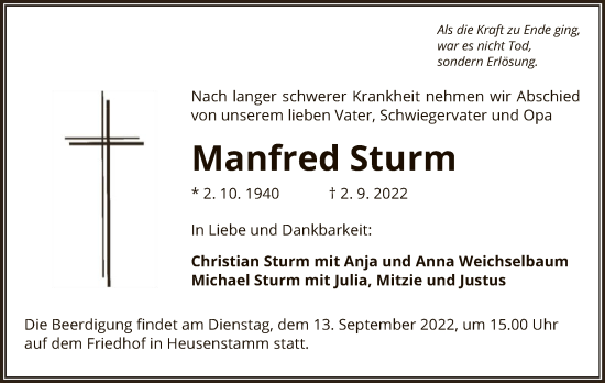 Todesanzeige von Manfred Sturm von OF