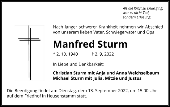 Todesanzeige von Manfred Sturm von OF
