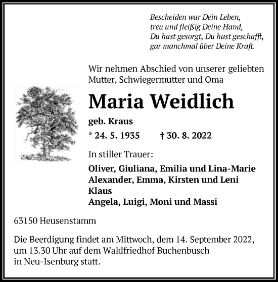Todesanzeige von Maria Weidlich von OF
