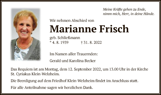 Todesanzeige von Marianne Frisch von OF