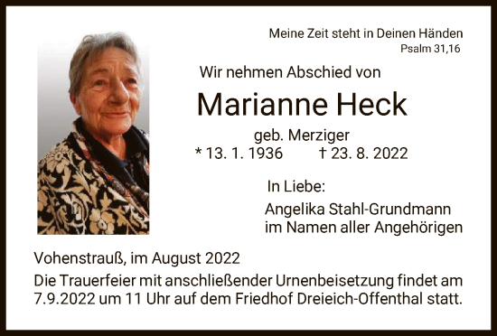 Todesanzeige von Marianne Heck von OF