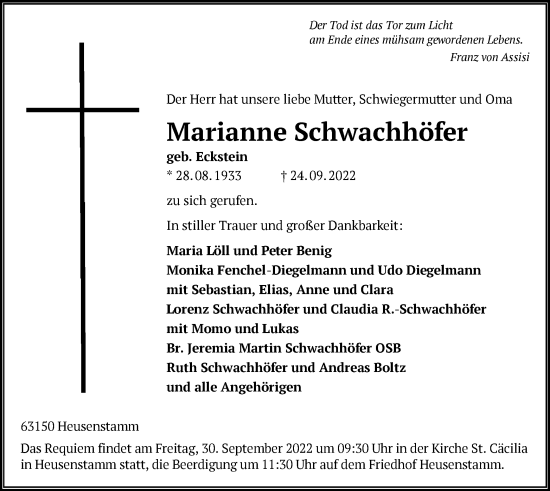 Todesanzeige von Marianne Schwachhöfer von OF