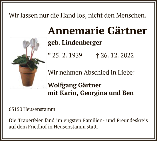 Todesanzeige von Annemarie Gärtner von OF