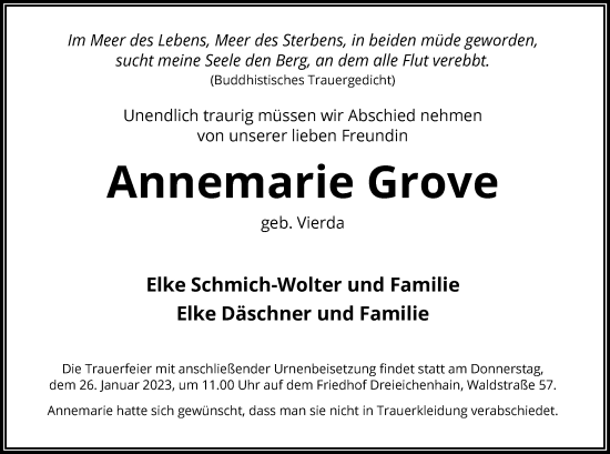 Todesanzeige von Annemarie Grove von OF