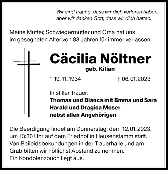 Todesanzeige von Cäcilia Nöltner von OF