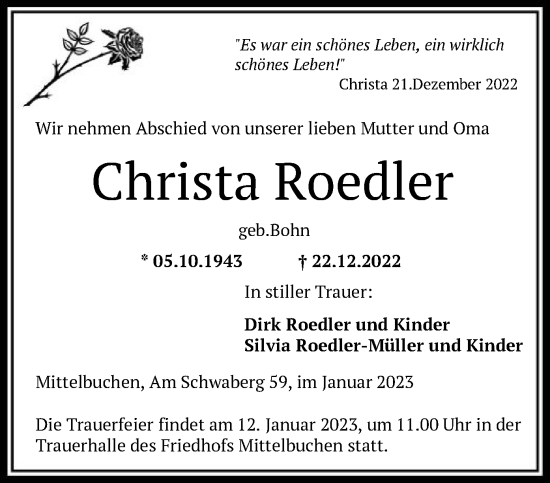 Todesanzeige von Christa Roedler von OF