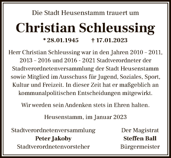 Todesanzeige von Christian Schleussing von OF
