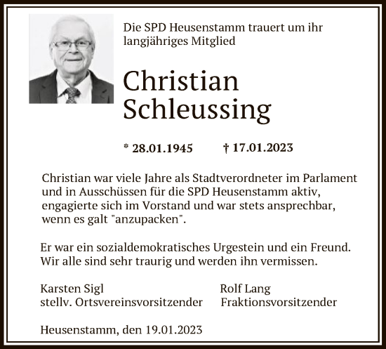Todesanzeige von Christian Schleussing von OF