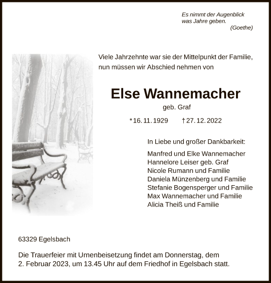 Todesanzeige von Else Wannemacher von OF