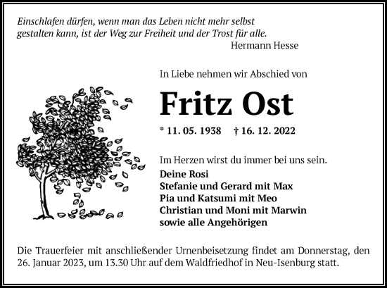 Todesanzeige von Fritz Ost von OF