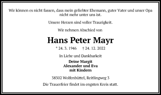 Todesanzeige von Hans Peter Mayr von OF