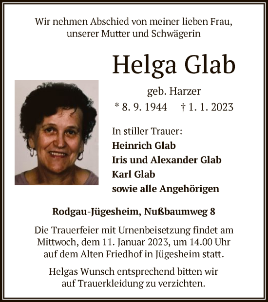 Todesanzeige von Helga Glab von OF