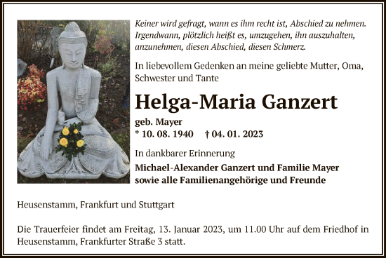 Todesanzeige von Helga-Maria Ganzert von OF