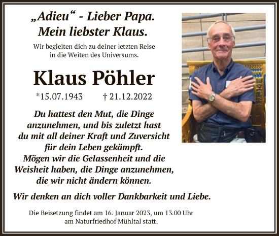 Todesanzeige von Klaus Pöhler von OF