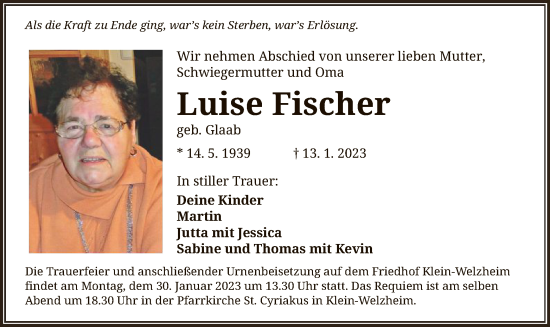 Todesanzeige von Luise Fischer von OF