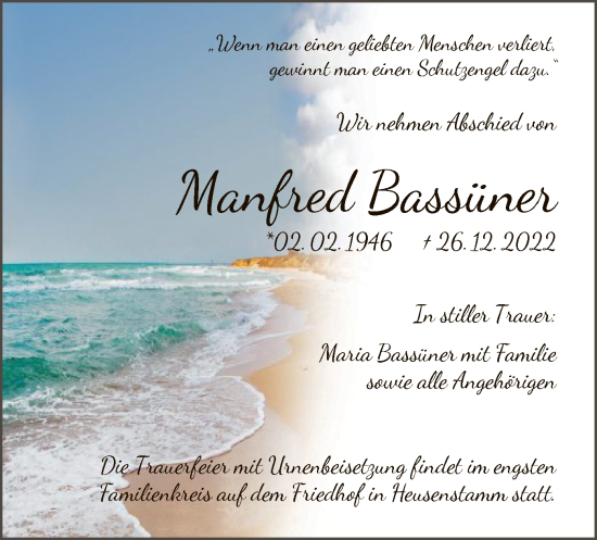 Todesanzeige von Manfred Bassüner von OF