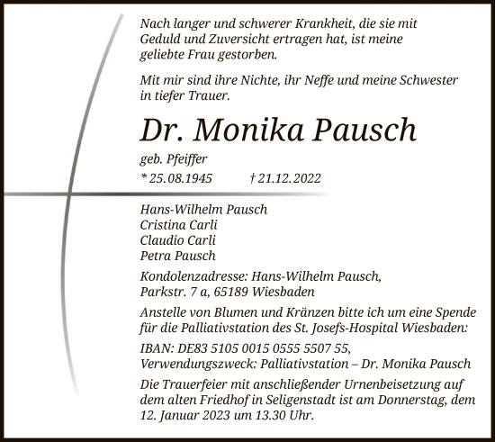 Todesanzeige von Monika Pausch von OF