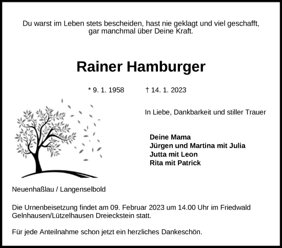 Todesanzeige von Rainer Hamburger von OF