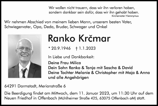 Todesanzeige von Ranko Krcmar von OF