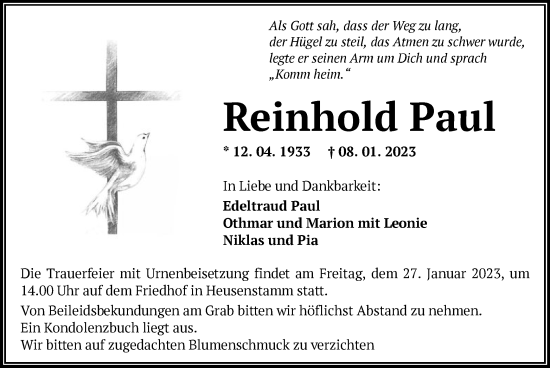 Todesanzeige von Reinhold Paul von OF