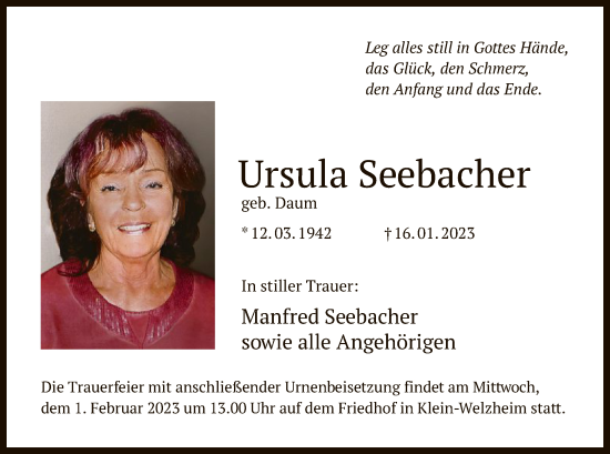 Todesanzeige von Ursula Seebacher von OF