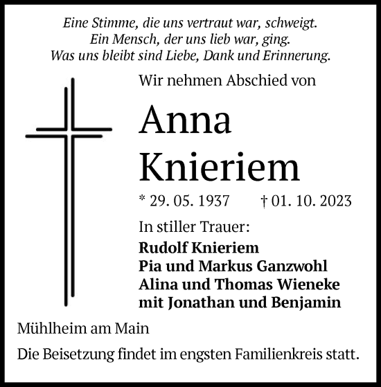 Todesanzeige von Anna Knieriem von OF