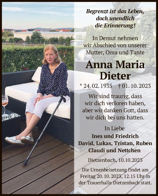 Todesanzeige von Anna Maria Dieter von OF