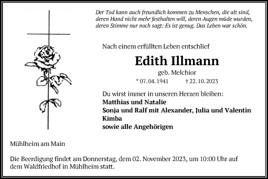 Todesanzeige von Edith Illmann von OF