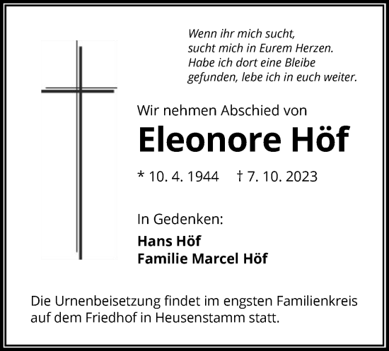 Todesanzeige von Eleonore Höf von OF