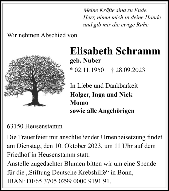 Todesanzeige von Elisabeth Schramm von OF