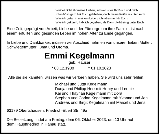 Todesanzeige von Emmi Kegelmann von OF