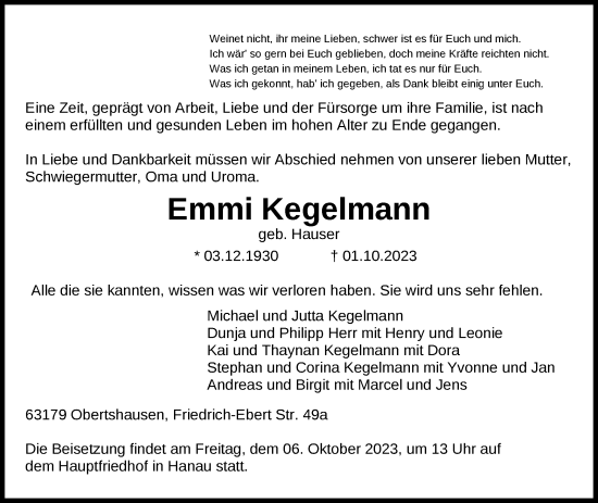 Todesanzeige von Emmi Kegelmann von OF