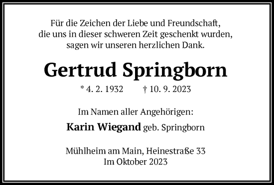 Todesanzeige von Gertrud Springborn von OF
