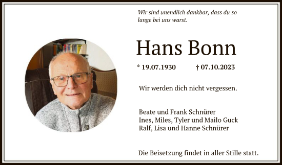 Todesanzeige von Hans Bonn von OF