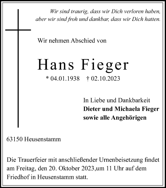 Todesanzeige von Hans Fieger von OF