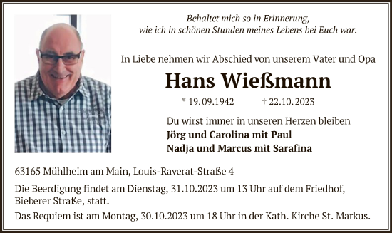 Todesanzeige von Hans Wießmann von OF