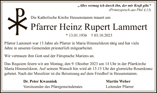 Todesanzeige von Heinz Rupert Lammert von OF