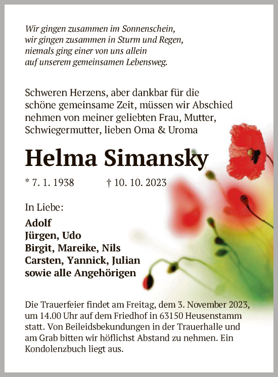 Todesanzeige von Helma Simansky von OF