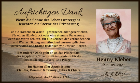 Todesanzeige von Henny Kleber von OF