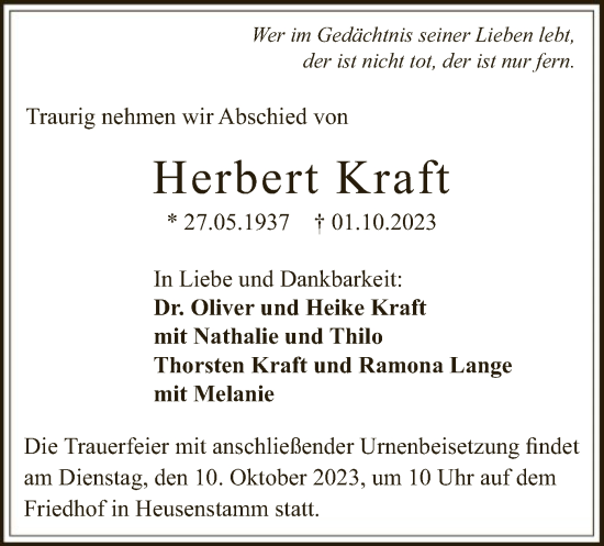 Todesanzeige von Herbert Kraft von OF