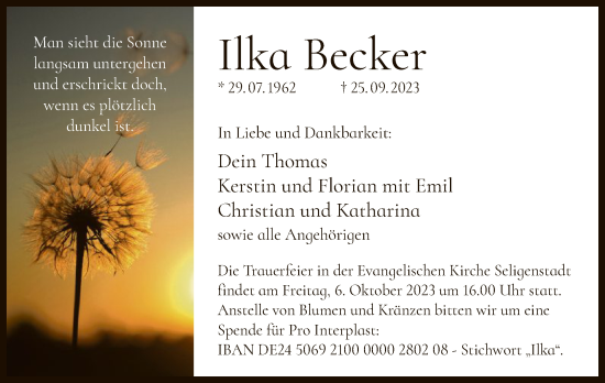Todesanzeige von Ilka Becker von OF