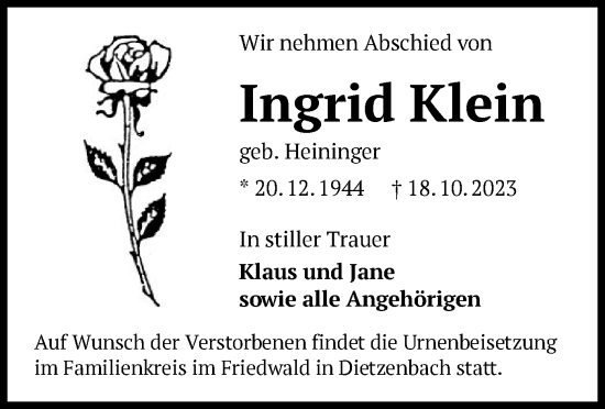 Todesanzeige von Ingrid Klein von OF